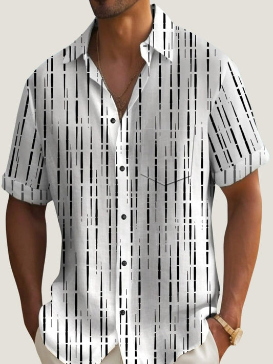 Geometric Stripe Print Short Sleeve Men's Shirts With Pocket