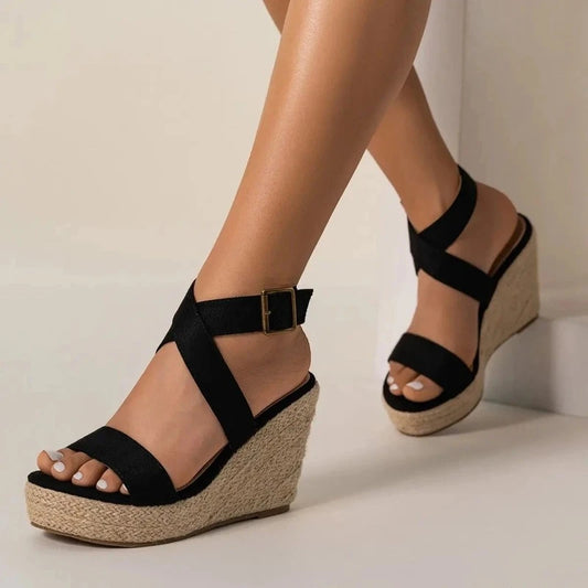 Summer Holiday Style Hemp Bottom Slope Heel Thick Sole Women's Sandals